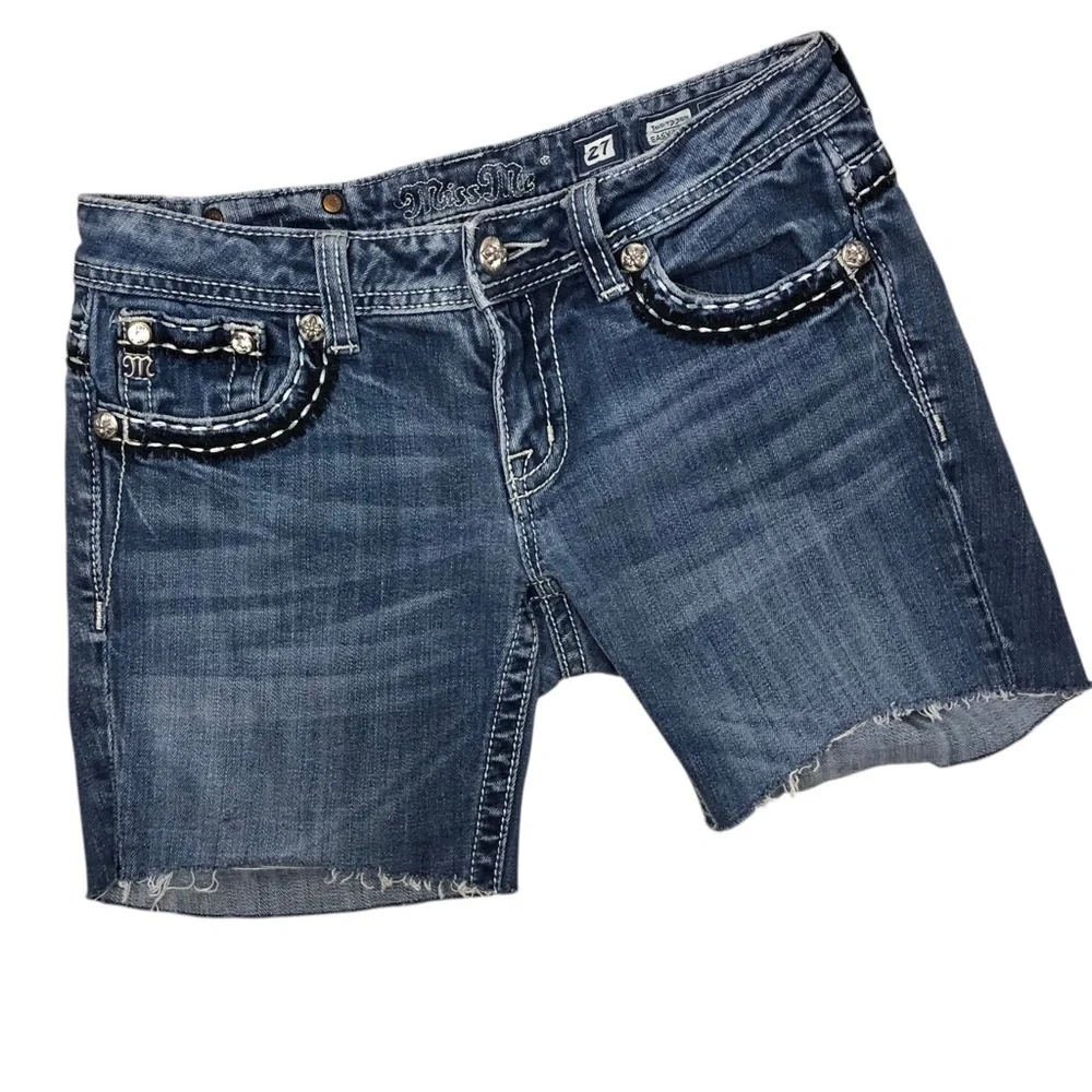 Miss Me Sz 27 Y2K Bling Denim Cutoff Shorts Dark Wash Flap Pocket Low Rise Retro